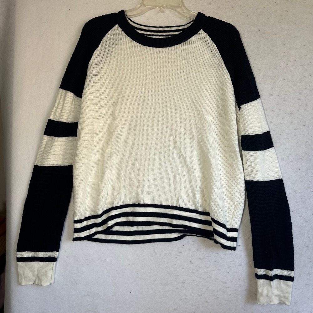 Faherty Brand Organic Cotton Cashmere Raglan Sweater Navy White Stripe Large